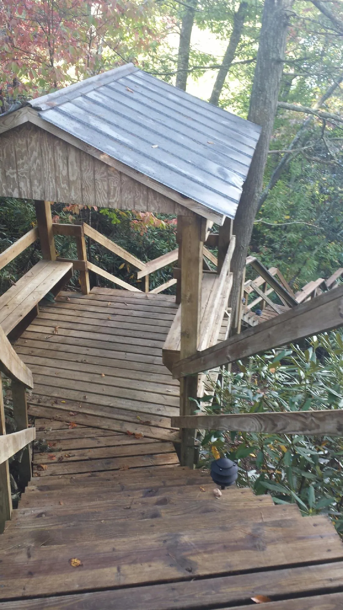 Metal roofed shelter over wooden steps on a wooded walkway — Skylight Repair & Installation work by our crew in Lonepine